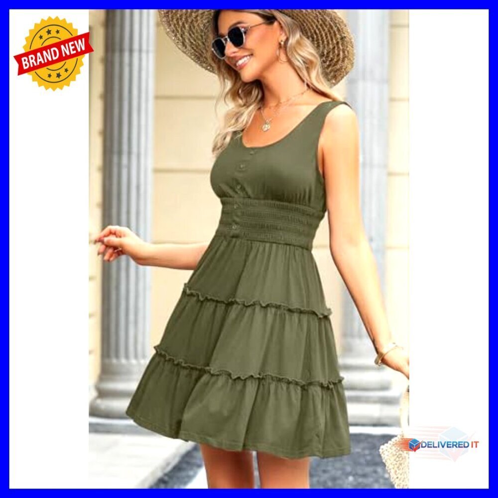 Sleeveless Smocked Empire Waist Tiered Ruffle Mini Dress Summer Casual Swing - Picture 6 of 7